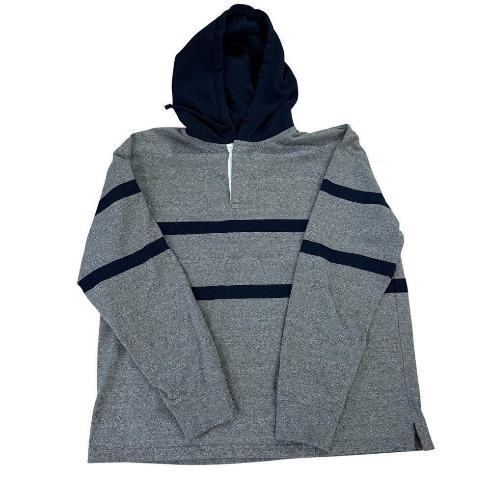 Old Navy Mens‎ XL Gray Blue Striped Hooded Long Sleeve Rugby Shirt